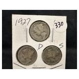 Lot of 3, 1927 Silver Mercury Dime