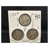 Lot of 3, 1929 Silver Mercury Dime