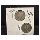 Lot of 2, 1930 Silver Mercury Dime