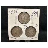 Lot of 3, 1938 Silver Mercury Dime