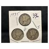 Lot of 3, 1935 Silver Mercury Dime