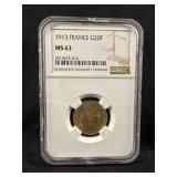 1913 France Gold 20 Francs *ROOSTER* Coin NGC MS63
