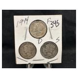 Lot of 3, 1944 Silver Mercury Dime