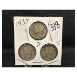 Lot of 3, 1937 Silver Mercury Dime