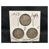 Lot of 3, 1942 Silver Mercury Dime