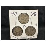 Lot of 3, 1943 Silver Mercury Dime