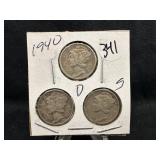 Lot of 3, 1940 Silver Mercury Dime