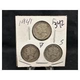 Lot of 3, 1941 Silver Mercury Dime