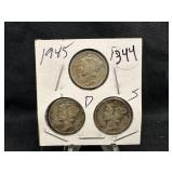 Lot of 3. 1945 Silver Mercury Dime