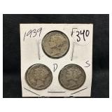 Lot of 3, 1939 Silver Mercury Dime