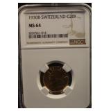 1930B MS64 NGC Swiss Gold 20 Francs