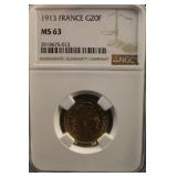 1913 France Gold 20 Francs *ROOSTER* Coin NGC MS63