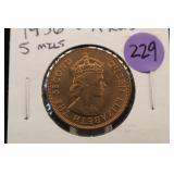 1956 Cyprus 5 Mills coin