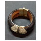 Vintage Hinged Wood & Silver-Tone Metal Cuff