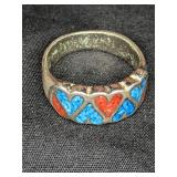 Silver, Coral and Turquoise Ring Sz 7