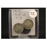 Lot of 3 Mercury Silver Dimes 1919,1918-S, 1917