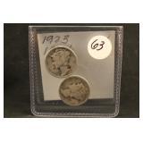 Lot of 2 1923,1924 Mercury Silver Dimes
