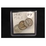 1930 P,D,S, Mercury Silver Dimes