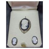 Van Dell Sterling Cameo Pendant/Pin and Earrings