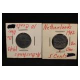 1942 & 1943 Netherlands 5 & 10 Cent Coins