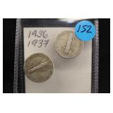 1936 & 1937 Mercury Silver Dimes