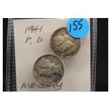 Lot of 2 1941 P&D Mercury Silver Dimes
