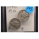 Lot of 2 1945 P&D Mercury Silver Dimes