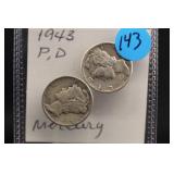 Lot of 2 1943 P&D Mercury Silver Dimes