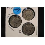 Lot of 3 P,D,S 1935 Mercury Silver Dimes