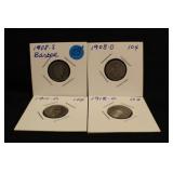 Lot of 4 Mixed Date Barber Silver Dimes