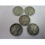 (5) Mercury Dimes 90% Silver