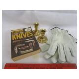 KNIFE BOOK, CANDLE STICK, & GLOVES