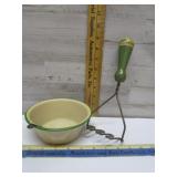 GREEN HANDL MASHER & SMALL ENAMEL WASH PAN