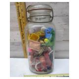 VINTAGE HALF GALLON JAR WITH OLD TOYS