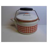 VINTAGE RED & WHITE CHECK ENAMEL TEA KETTLE