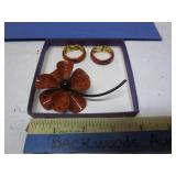 VINTAGE ENAMEL FLOWER BROOCH & CLIP ON EARRING