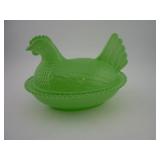 GREEN GLASS HEN ON A NEST CANDY DISH