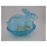 BLUE GLASS RABBIT ON A NEST WITH DISPLAY EGGS