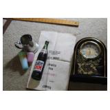 CLOCK, VINTAGE MOUNTAIN DEW BOTTLE, & TUPPERWARE