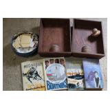 WOODEN DECOR, STAMPS, & VINTAGE BOOKS