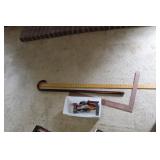 BOX OF TOOLS, RULERS, & CANE