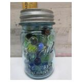 PINT BLUE MASON JAR WITH MARBLES