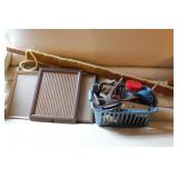 PICTURE FRAMES, YARDSTICK, & BASKET WITH CONTENTS