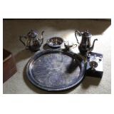 SILVER PLATE TRAY, TEAPOTS, BOWL, & MORE