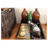 VINTAGE BOTTLES, DRILL, & LOCK