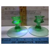 GREEN DEPRESSION GLOWING CANDLESTICKS
