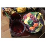 FRUIT BASKET COOKE JAR & RED GLASSWARE