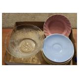 GLASSWARE BOWL & PASTEL SAUCERS
