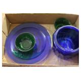 COBALT BLUE PLATE, JAR, GREEN DPRESSION BOWL &