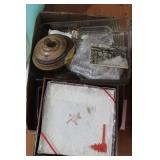 VINTAGE LINENS, GLASSWARE, WOODEN TRINKET BOX
